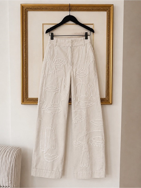 Maison les enerves Pants - Off-White Straight Leg Designer Embroidered Pants